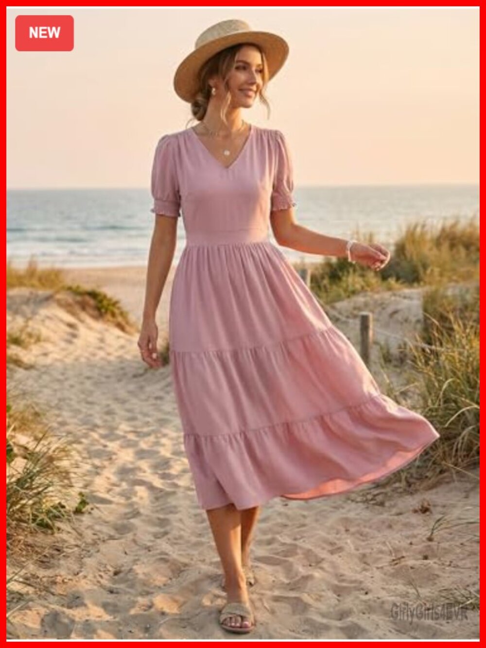 Women's V-Neck Smocked Short Sleeve Tiered Midi Dress with Pockets - Picture 2 of 7